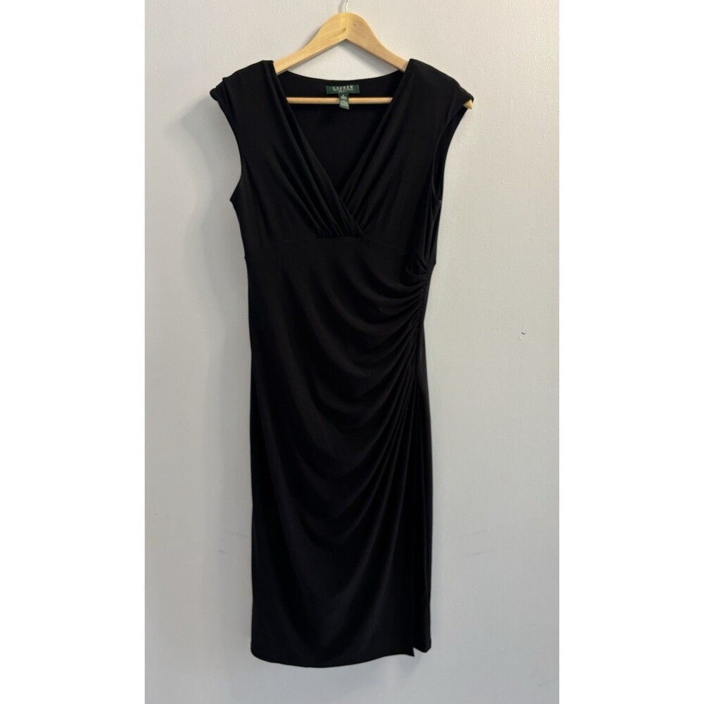 Lauren Ralph Lauren Black Ruched Faux Wrap Dress 8 LBD Surplice V-Neck Midi